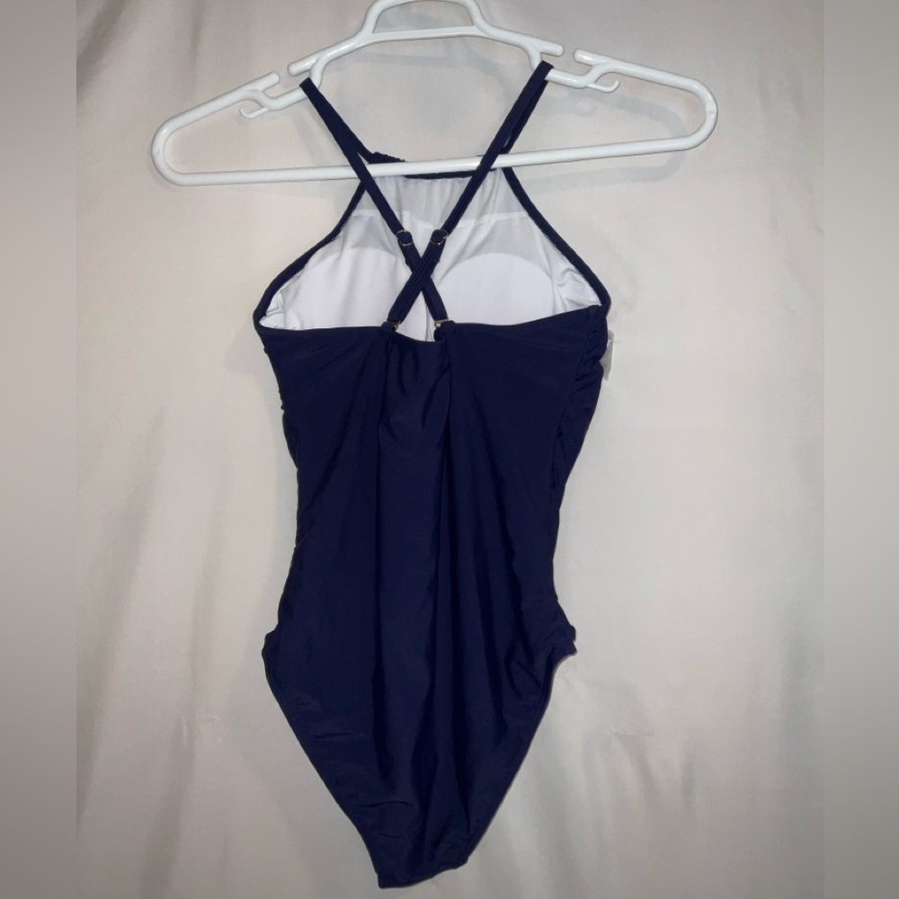 NWT Women’s Holipick High Neck 1-Piece Tummy Control Cross Back Swimsuit Navy M - Picture 6 of 9
